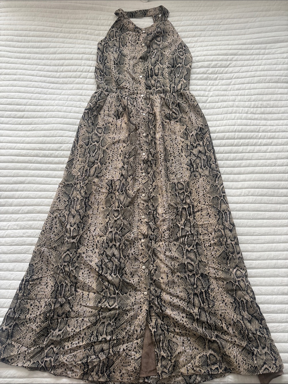 MM Couture Snake Print Halter Maxi Dress in Taupe and Black